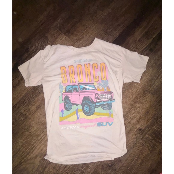 Ford Motor Company Tops - Ford Bronco Graphic T-Shirt Women Small Cream Pink Retro Desert SUV Tee RN150181